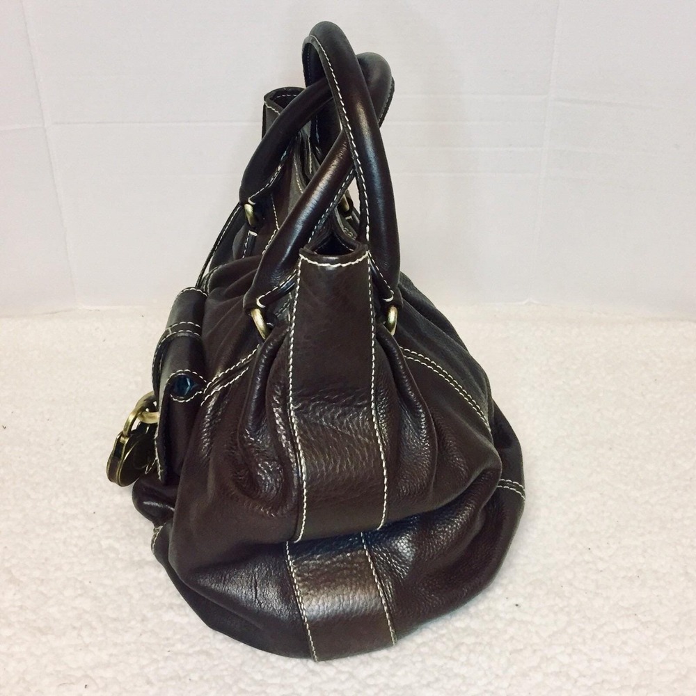 Buti Italy Dark Brown Pebbled Leather Satchel Handbag Contrast Stitch Brass Lock - Picture 4 of 14